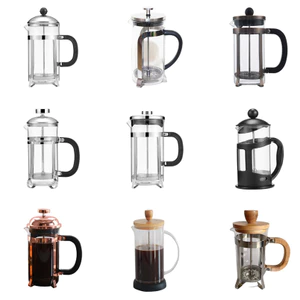 Hàng sẵn có Chịu nhiệt độ cao Nồi cà phê thủy tinh Borosilicate cao Máy pha trà Nồi ép kiểu Pháp Làm trà bằng thép không gỉ Máy tạo bọt sữa BOBJ