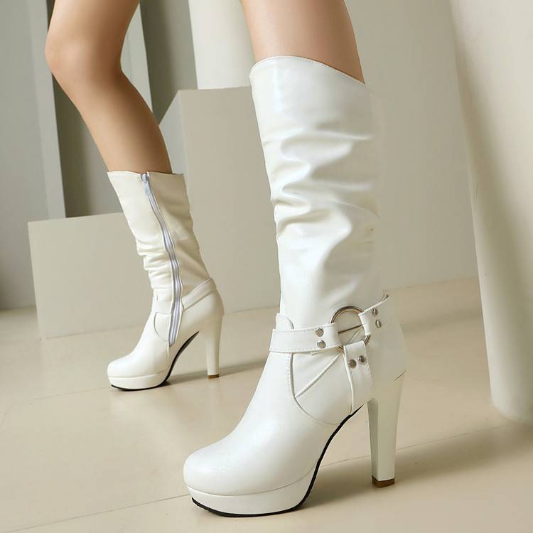 VNTMLH34-43 Khóa thắt lưng cỡ lớn Vòng chéo Vòng chân tròn Đế dày Chống thấm nước Dây kéo bên hông Dày Gót biểu diễn thời trang Mô hình hộp đêm Giày bốt ống giữa