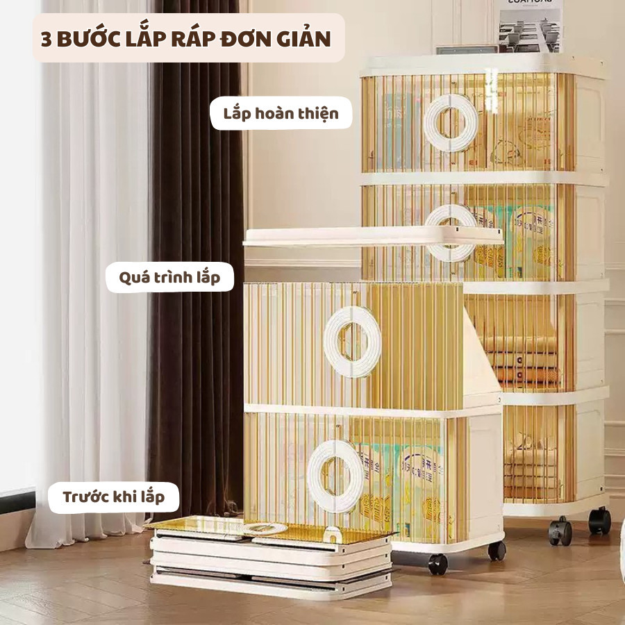 Tủ Gấp Gọn Đựng Đồ Đa Năng ENODA HOME, Tủ Nhựa 5 Tầng Cửa Trong Suốt Tay Cầm Tròn Có Bánh Xe Tiện Lợi TUN002