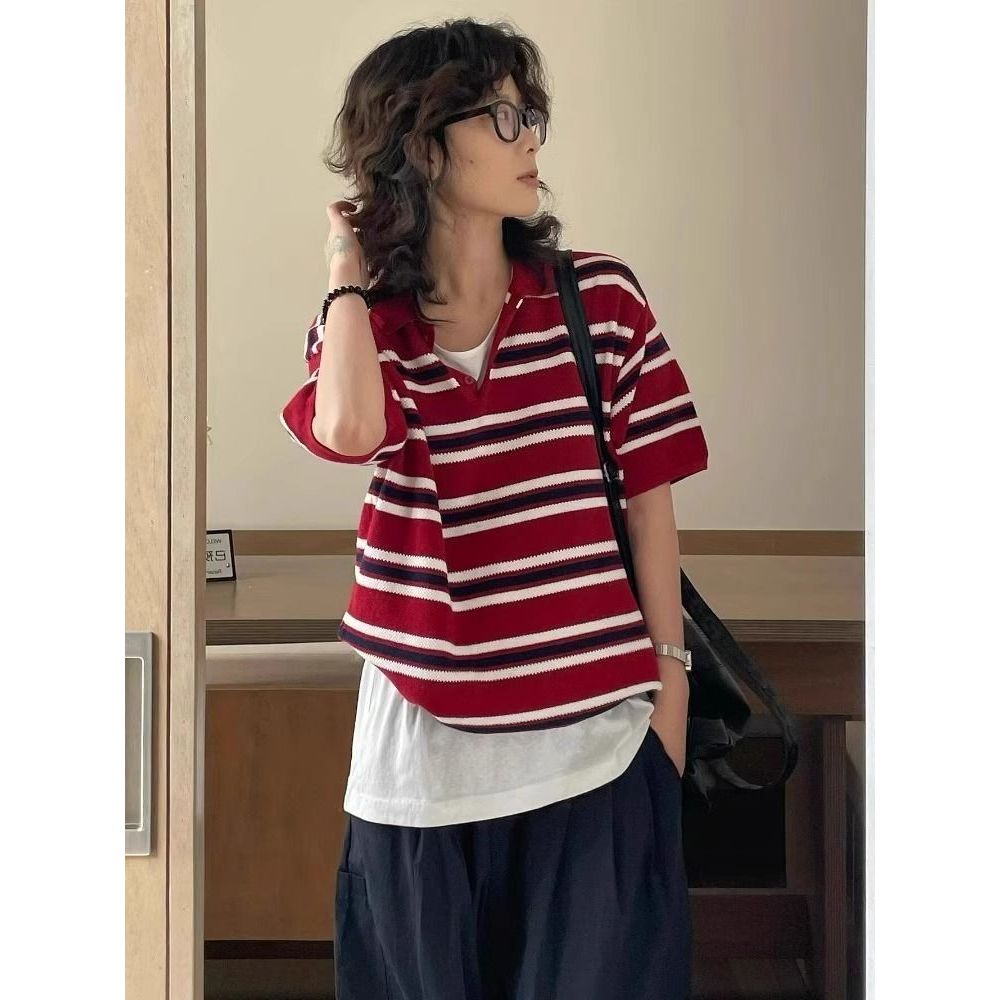 Áo Thun Retrô Sọc Đại Học, Short Sleeve, Nam Nữ, Màu Sắc Tương Phản, Thời Trang Mùa Hè