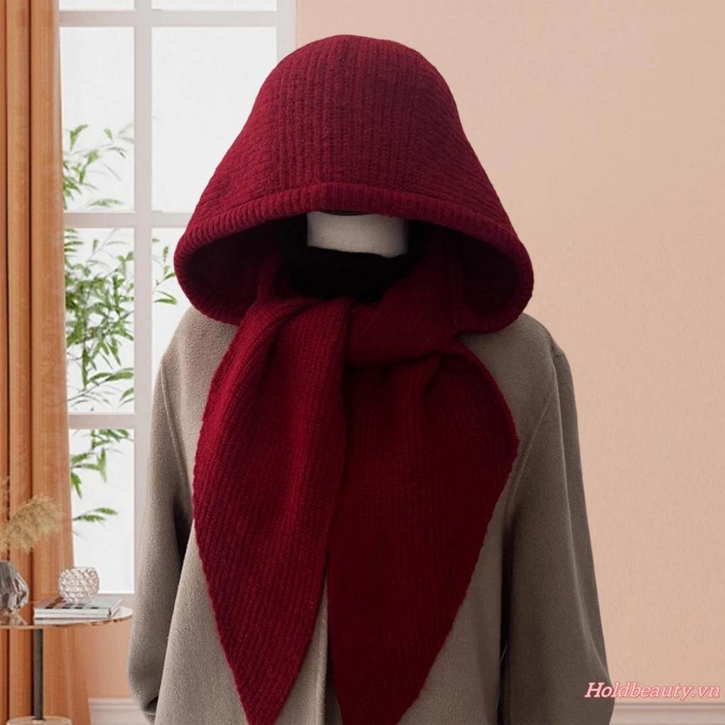Mũ dệt kim và khăn quàng cổ có gân màu trơn, phù hợp mùa đông,style sành điệu
