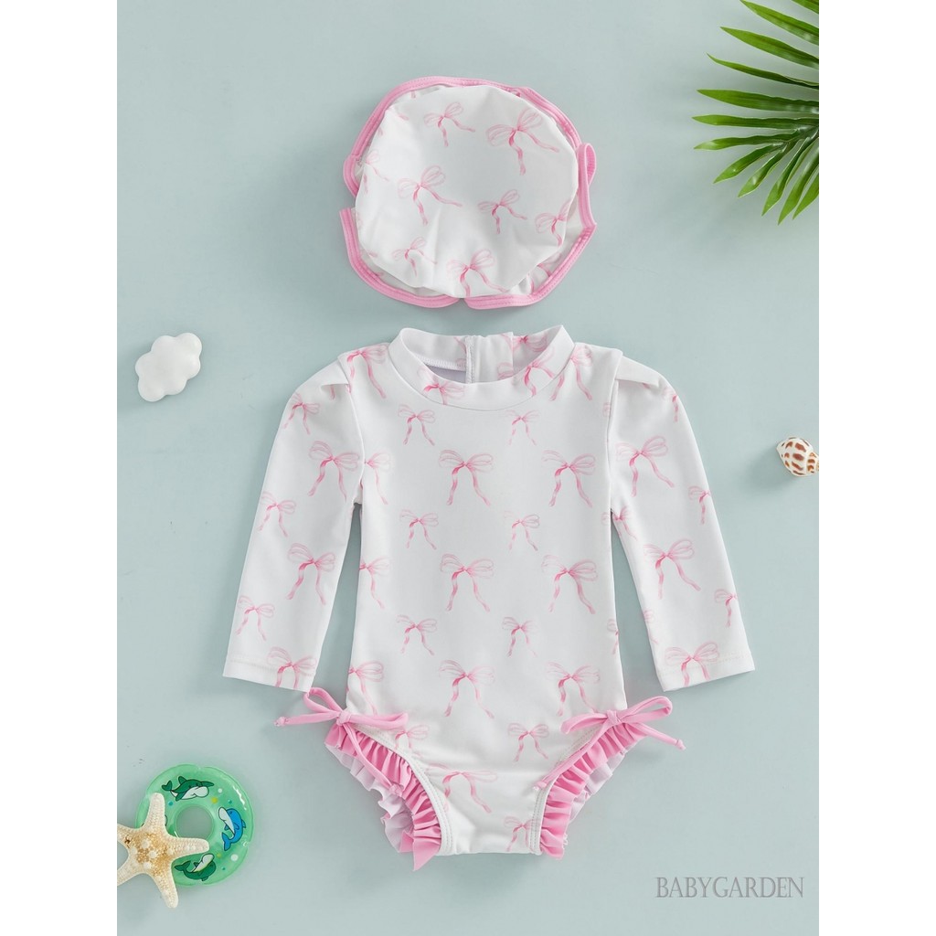 0-24Months Bé Gái Rash Guard Đồ Bơi Tay Dài Hoa / Nơ In Hình Đồ Bơi Xù Có Mũ Cho Bể Bơi Đi Biển