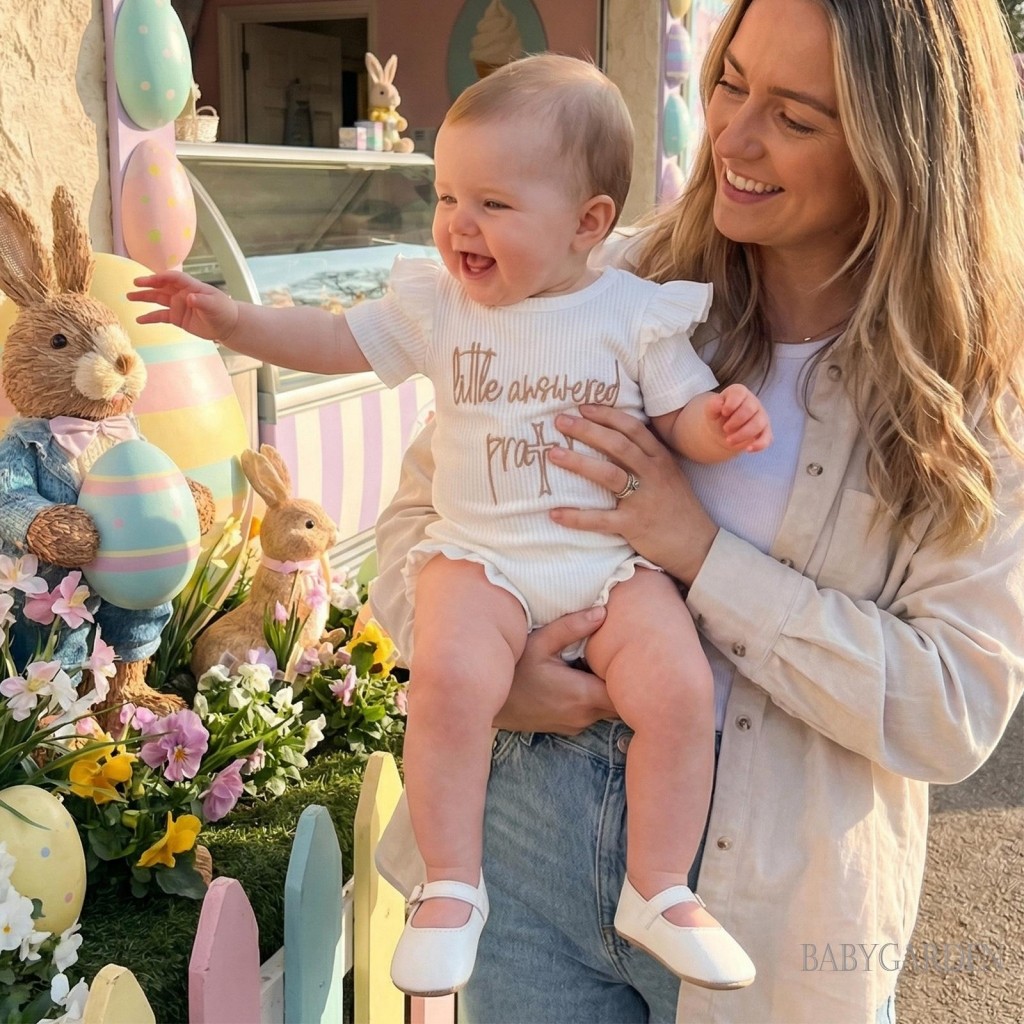 Bé Gái Phục Sinh Áo Liền Quần Chữ Thêu Xù Viền Tay Ngắn Cổ Tròn Sơ Sinh Jumpsuit
