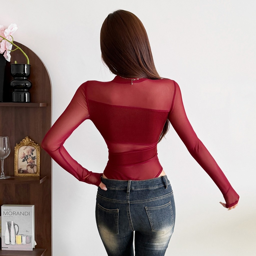 Cutenew Y2K Nữ Gạc Gợi Cảm Nhìn Xuyên Qua Dài Tay Jumpsuits Slim Playsuits Áo Thường Ngày Đơn Giản Trơn Đen