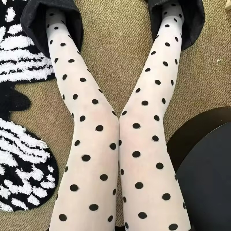 Quần Legging Sheer Phong Cách Y2K Cho Bé Gái, Chấm Bi Trắng Trên Nền Đen, Co Dãn Tốt