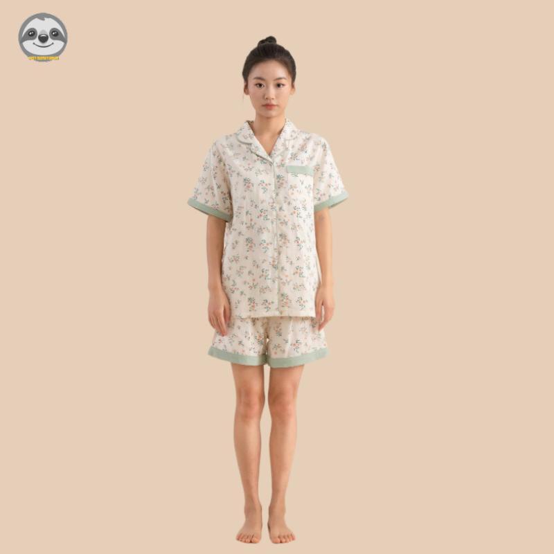 Bộ đồ ngủ ngắn tay Muji phong cách Nhật Bản, từ sợi đôi cotton nguyên chất với màu sắc thanh lịch như ngọc lục bảo và thiết kế thoải mái.