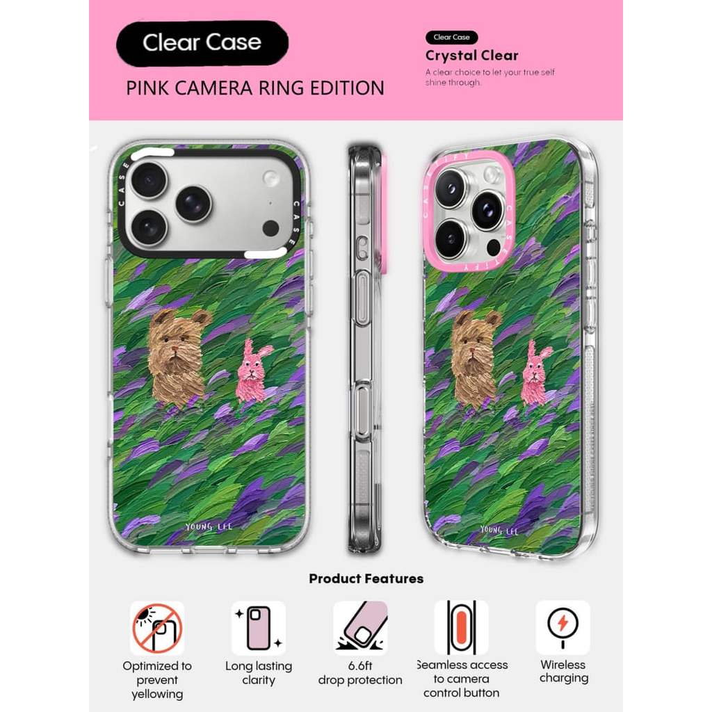CASECASE X Flower Dog and Rabbit Phone Case HỒNG CAMERA RING EDITION Tác động Vỏ hút từ trong suốt cho iPhone 17 / 16 / 15 / 14 / 13 Pro Max Air với bao bì cao cấp