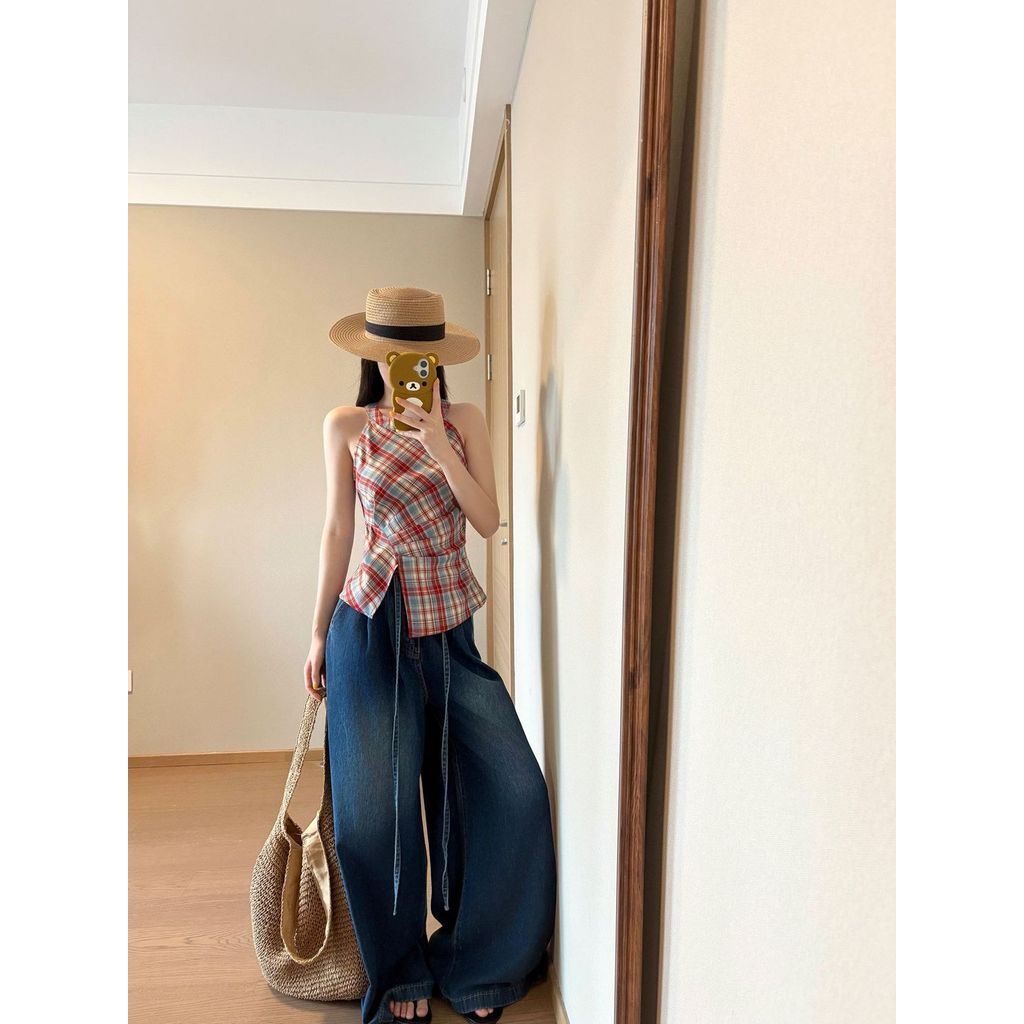 Milyfashion Ba Lê Phong Cách Mới Kẻ Sọc Đỏ Không Đều Dây Sling 2026 Phong Cách Mới Thắt Nút Dây Không Tay Top Y2K CIEM