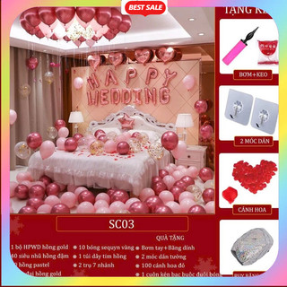 Set Bóng Bay Trang Trí Phòng Cưới Tân Hôn Happy Wedding Đẹp Dễ Làm, Đầy Đủ Phụ Kiện [TẶNG BƠM+BĂNG DÍNH]  DF42