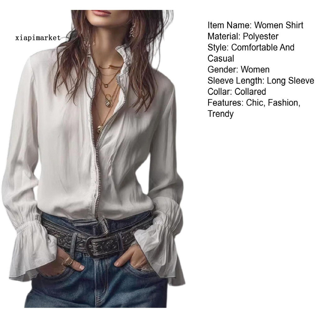 Áo sơ mi nữ thân thiện với da, cổ đứng dài tay - Style retro phù hợp đi đông nam