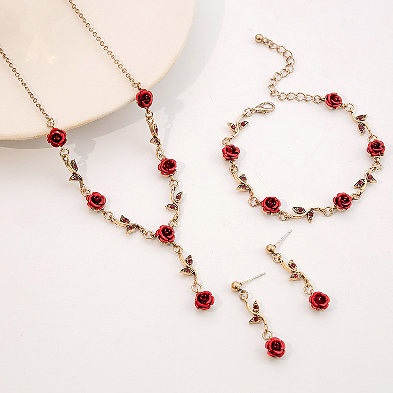 Cô Gái Pháp Mori Retro Lãng Mạn - Bộ Trang Sức Bao Gồm Bông Tai Và Vòng Cổ Hình Hoa Hồng Đỏ, kèm Vòng Tay Đặc Biệt