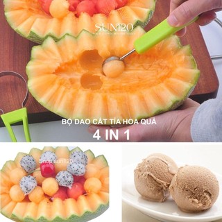 Phụ kiện nhà bếp bộ dao tỉa hoa quả chuyên nghiệp Bộ dao tỉa hoa quả đa năng， Set 3 món，Múc dưa hấu (tạo hình quả cầu)