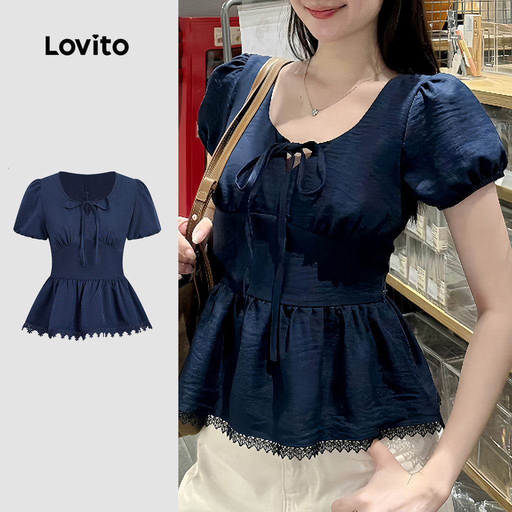 Lovito  Áo kiểu thanh lịch phối ren buộc dây viền nhún cho mùa xuân/hè màu xanh navy cho nữ L178LD09966