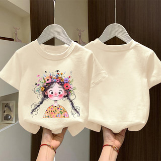 Áo thun in hình mèo dễ thương và bé gái, kiểu dáng hoạt hình thời trang, cổ tròn.
