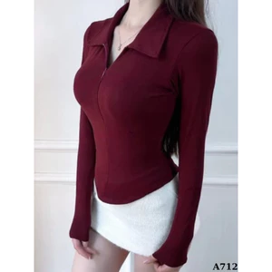 Áo Thun Nữ Tay Dài Ôm Body Cổ Bẻ Phối Khoá Kéo Dáng Vạt Bầu Cotton nhuyễn M270577