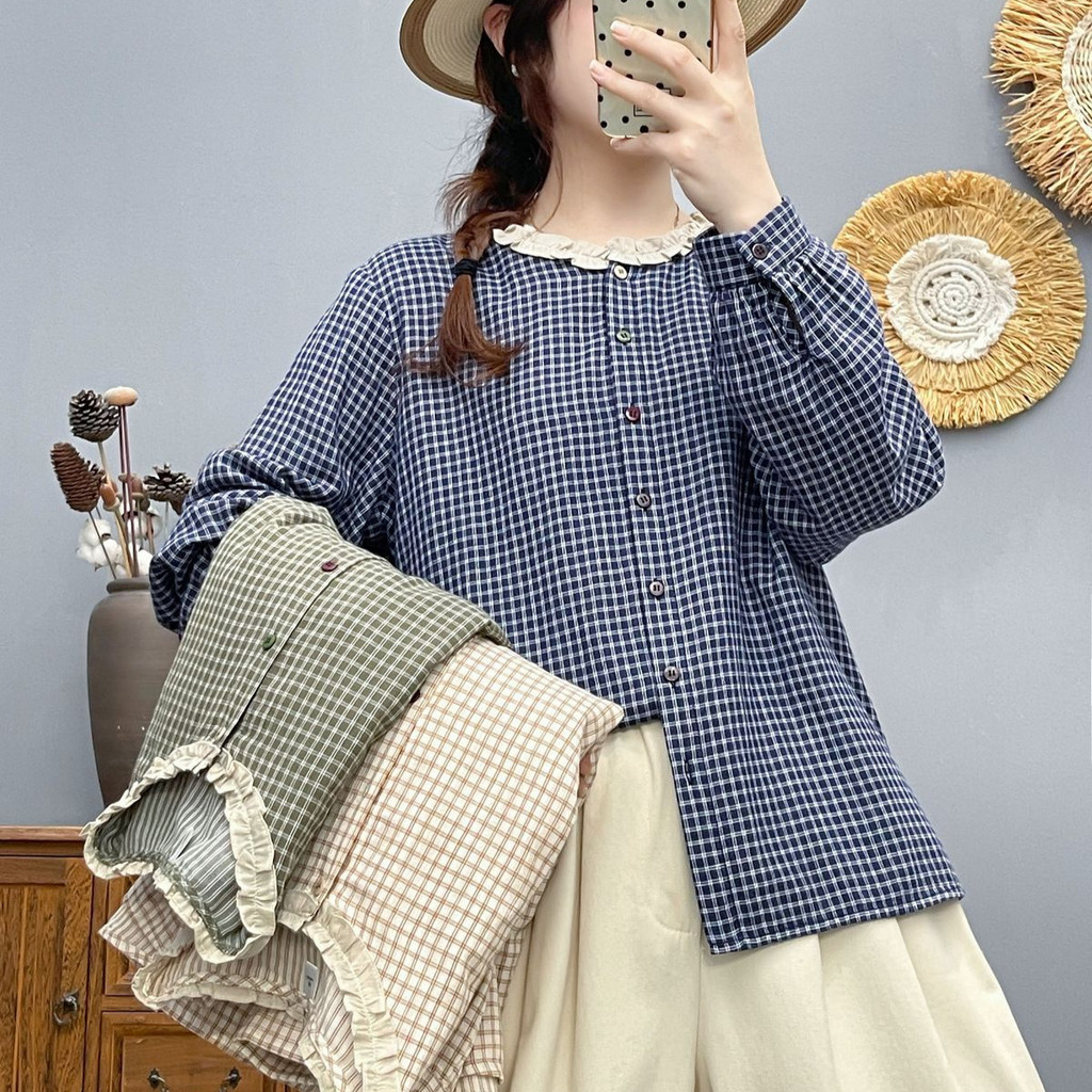 Sẵn sàng - Áo sơ mi nữ 100% cotton chất lượng cao, cổ ren kẻ sọc nhỏ, thoáng mát cho mùa xuân