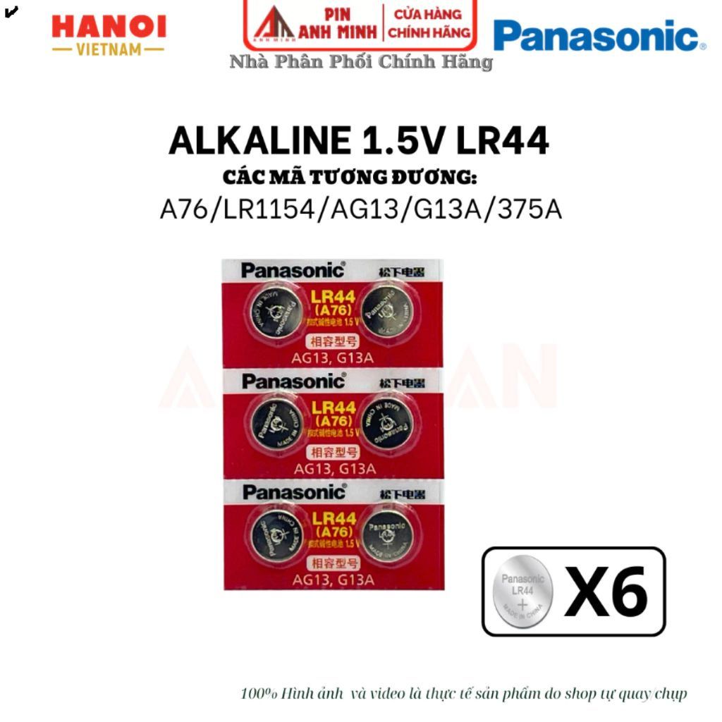 Pin LR44 / AG13 / A76 Panasonic 1.5V Alkaline G13A / SR44 / LR1154 Chính hãng vỉ 10 viên pin cúc áo.