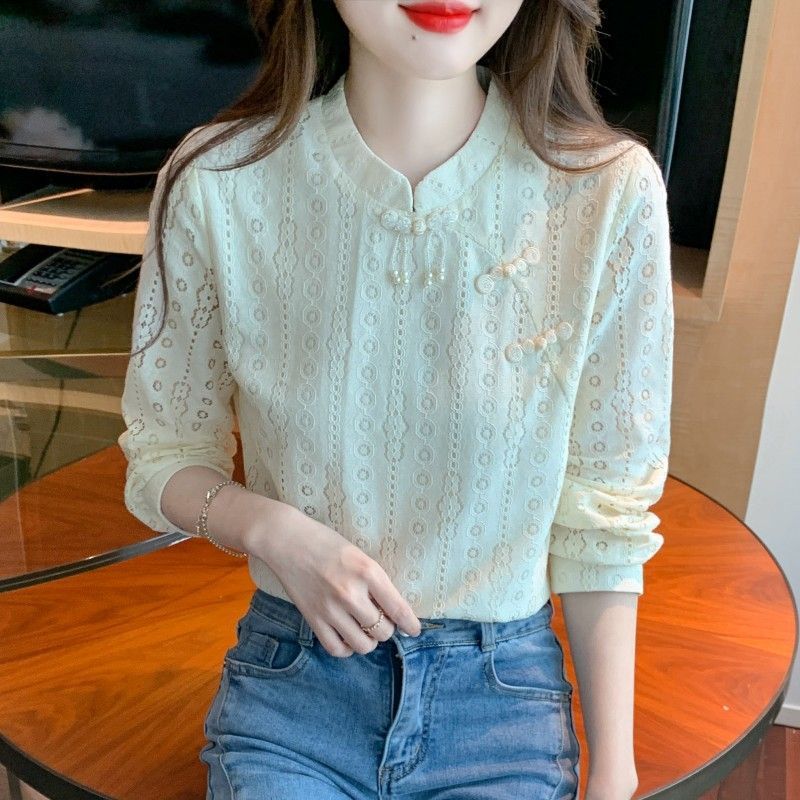 Áo sơ mi mới, thiết kế ren khoét rỗng, cổ đứng, chuẩn nàng công sở thanh lịch, duyên dáng,dễ phối đồ