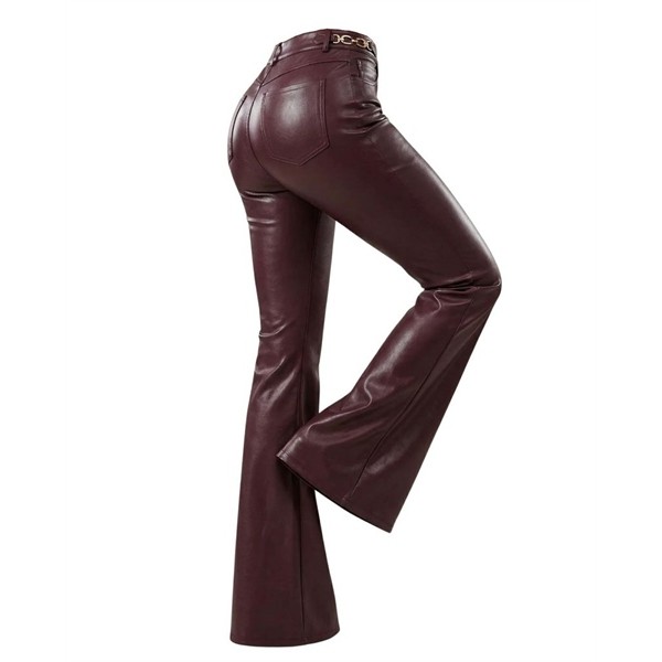 Quần Giả Da Nữ Cao Cấp Burgundy Cạp Cao Loe Rộng Bóng Nhẹ Chi Tiết Khoen Vàng Sang Xỉu