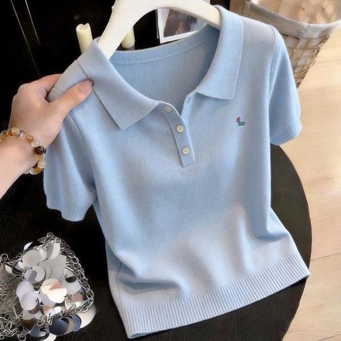 Áo thun cổ Polo nữ cỡ lớn, hàng dệt kim mỏng màu trơn, phù hợp thời trang mùa hè