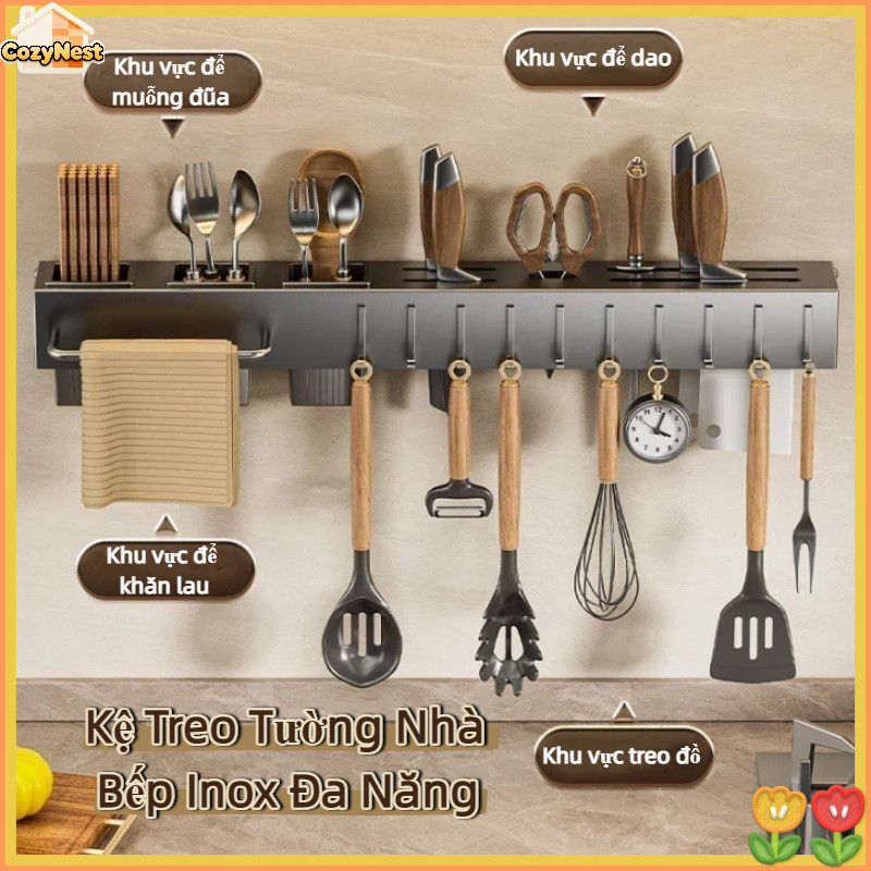 Kệ Treo Tường Nhà Bếp Inox Đa Năng - Không Cần Khoan, Để Được Dao Kéo Muỗng Đũa,Dùng Cho Phòng Bếp
