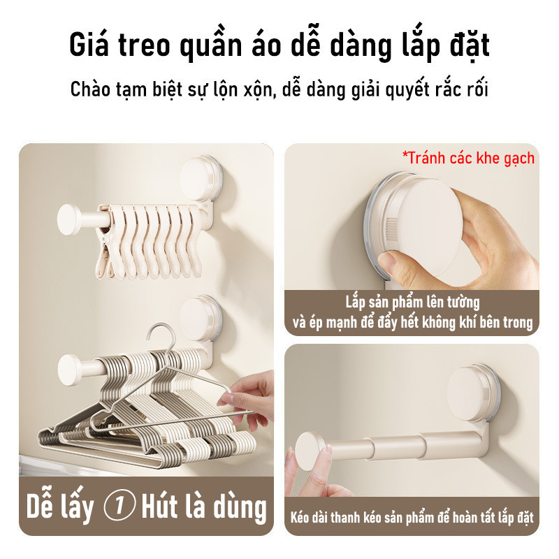 Móc Treo Quần Áo Hút Chân Không Gấp Gọn - Thanh Treo Tường Lực Hút Mạnh, Chịu Tải Cao, Dùng Ban Công & Gia Đình