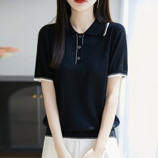 Áo sơ mi nữ dệt kim tay ngắn cổ polo, màu sắc Hàn Quốc, thoáng mát cho mùa hè