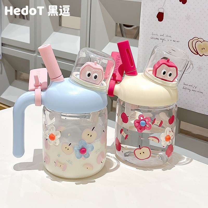 Ins Style Cốc Thủy Tinh Giá Trị Cao Có Tay Cầm Cốc Rơm Dung Tích Lớn Dễ Thương Có Nắp Phong Cách Mới Hộ Gia Đình Làm Trà Cốc Giá Trị Cao