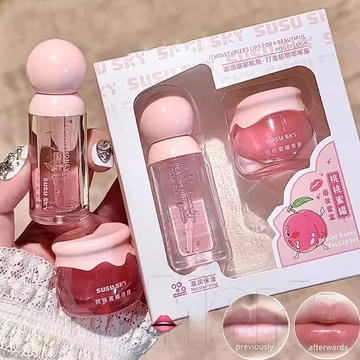 Bộ 2 Bộ Trang Điểm Môi | Dưỡng ẩm thơm ngọt ngào cho mọi loại da, Sửa chữa qua đêm + Combo Shine ban ngày, Bình mật ong đào Son bóng & Mặt nạ 2 trong 1