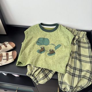 (6m-12Yrs) Bộ mùa hè thiết yếu Quần chống muỗi kẻ sọc hàng đầu không tay thoải mái Trang phục thông thường 2 mảnh