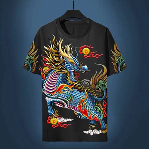 Áo thun nam cổ điển họa tiết Fire Kirin 3D, phù hợp cho mùa hè và dạo phố