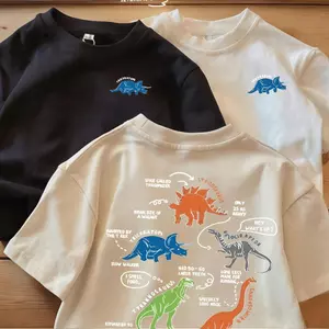 Áo thời trang thoải mái, khủng long cartoon, cổ tròn, mùa hè, bé gái cotton