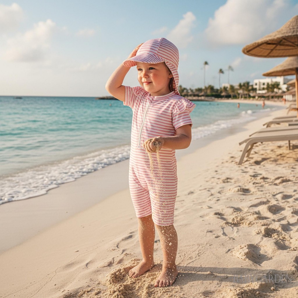 Bộ đồ bơi bé gái mới biết đi có mũ 2 chiếc Bộ sọc Xù Viền có khóa kéo Đồ bơi tay ngắn