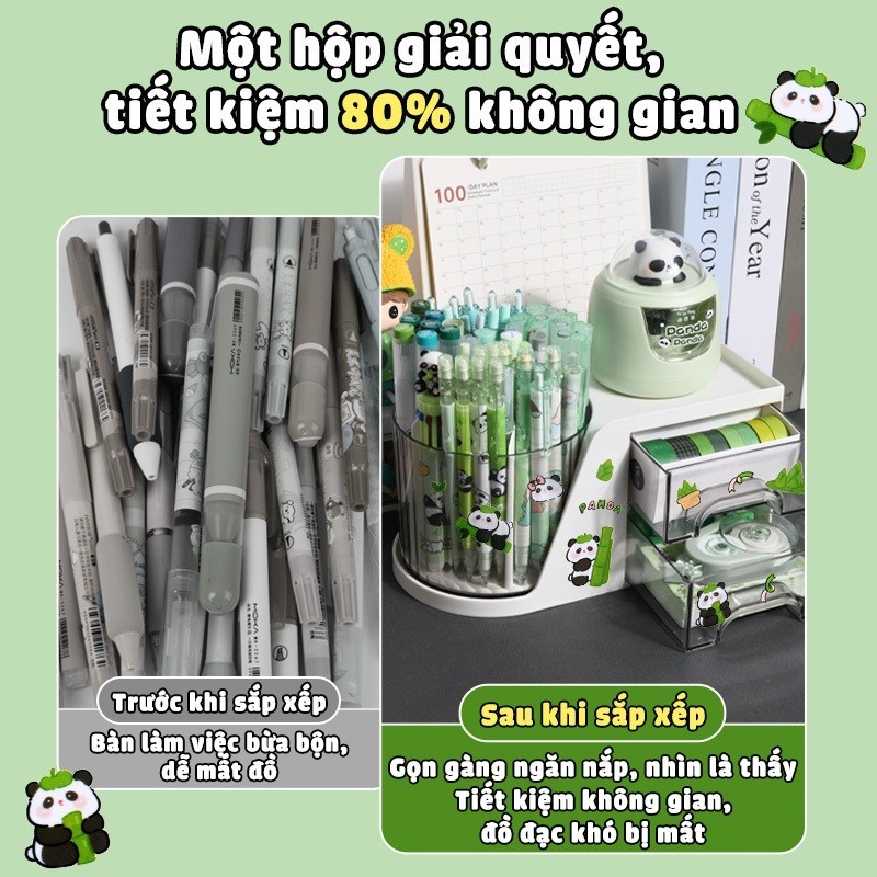 Hộp đựng bút để bàn học sinh xoay 360 tiện dụng, tặng sticker gấu trúc trang trí - Kệ đựng mỹ phẩm nhiều ngăn tiện lợi