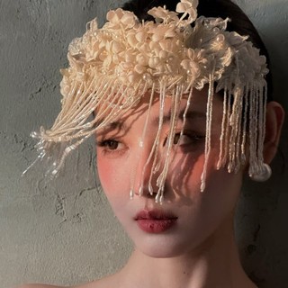 Mũ Cô Dâu Retro Handmade Ren Đính Hạt Tua Rua Phù Hợp Cho Chụp Ảnh