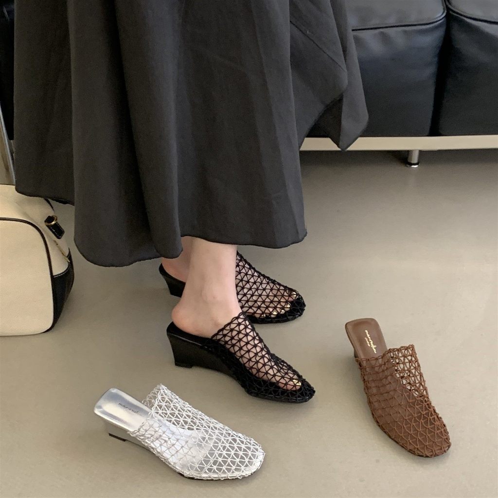 TT Dệt Mules Nữ Nêm Gót Dép Thoáng Khí Đế Dày Lười Dép Dép