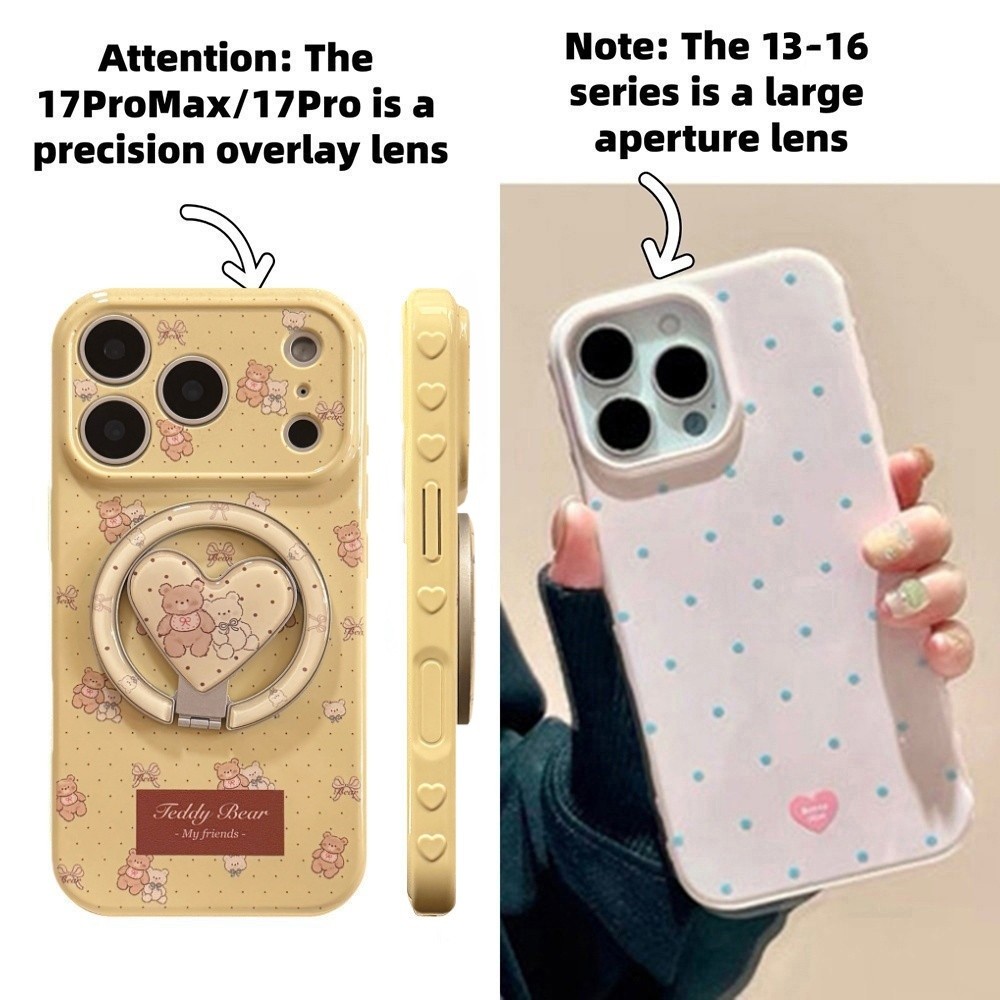 Giá đỡ từ tính Bear Side Love Heart Vỏ điện thoại mềm cho iPhone 17 Pro Max 16 15 14 13 Vỏ bảo vệ chống sốc