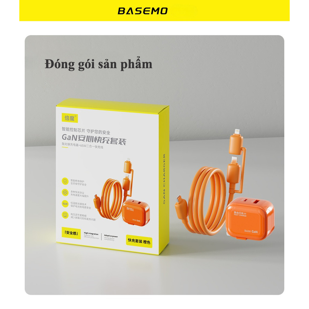 Bộ sạc nhanh GaN 30W Basemo, sạc nhanh 2 in 1, tương thích với nhiều dòng điện thoại, bảo hành 6 tháng