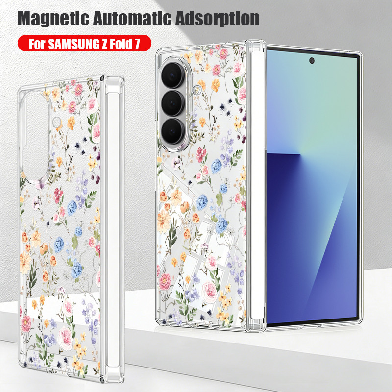 Ốp điện thoại trong suốt hấp phụ từ tính cho Samsung Galaxy Z Fold 7 6 5 Fold7 Fold6 Fold5 5G Vỏ chống sốc in hoa đầy màu sắc