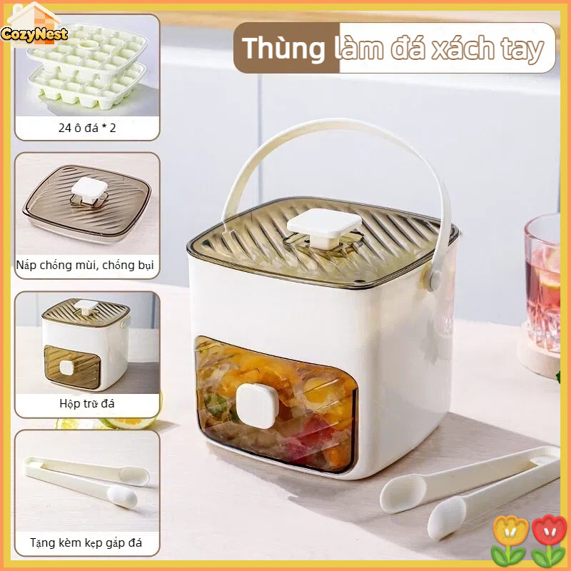Hộp làm đá viên 2 tầng di động, tay cầm tiện lợi, nhấn lấy đá siêu nhanh, chất liệu PP cao cấp