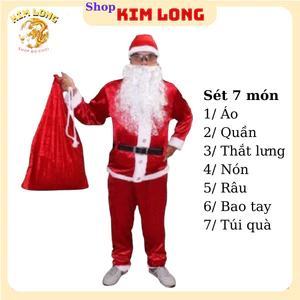 Sét 7 món đồ ông già Noel người lớn vải nhung mịn đẹp túi quà quần áo râu nón bao tay phụ kiện trang phục giáng sinh SA