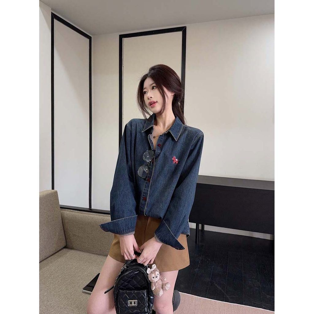 SUXI Áo sơ mi denim cổ điển nhẹ nhàng dành cho nữ mùa xuân 260228