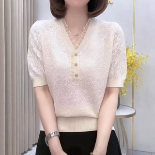 Áo Thun Cổ Chữ V Tay Ngắn Cho Nữ, Thiết Kế Ren Cổ Điển Xu Hướng Hàn Quốc, Thích Hợp Mặc Mùa Hè
