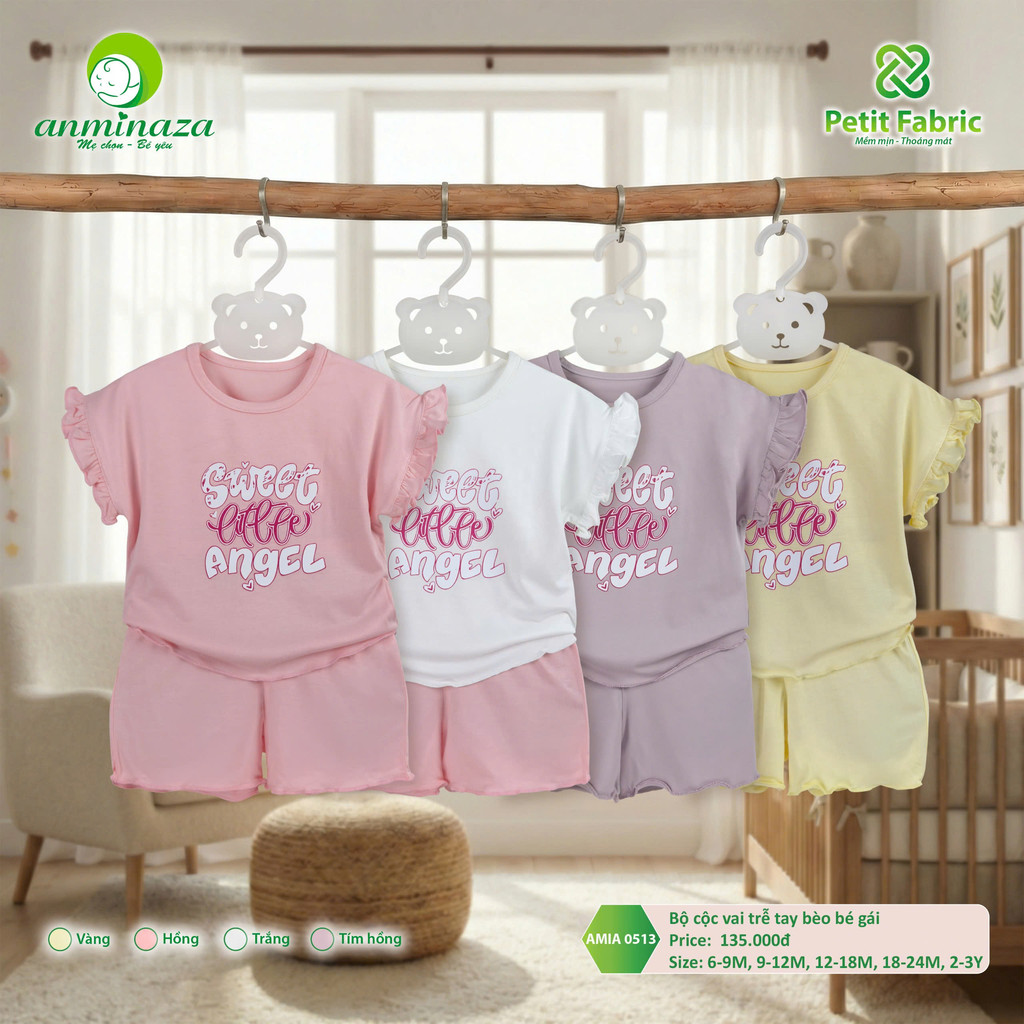 Bộ cộc vai trễ tay bèo bé gái Anminaza Vải Sợi Tre Petit Thấm Hút Thoáng Mát - Hàng Chính Hãng AMIA0513