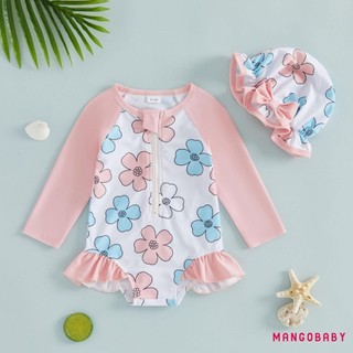 MG-Toddler Bộ Đồ Bơi Bé Gái Hoa Nửa Khóa Kéo Dài Tay Rash Guard Bộ Đồ Tắm Và Mũ Chống Nắng Đồ Bơi Đáng Yêu