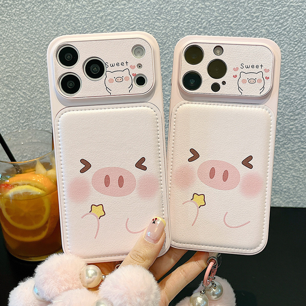 Sweet Pig Chain Bulge Leather Windows Phone Case cho iPhone 17 Pro Max 16 15 14 13 Vỏ bảo vệ chống sốc