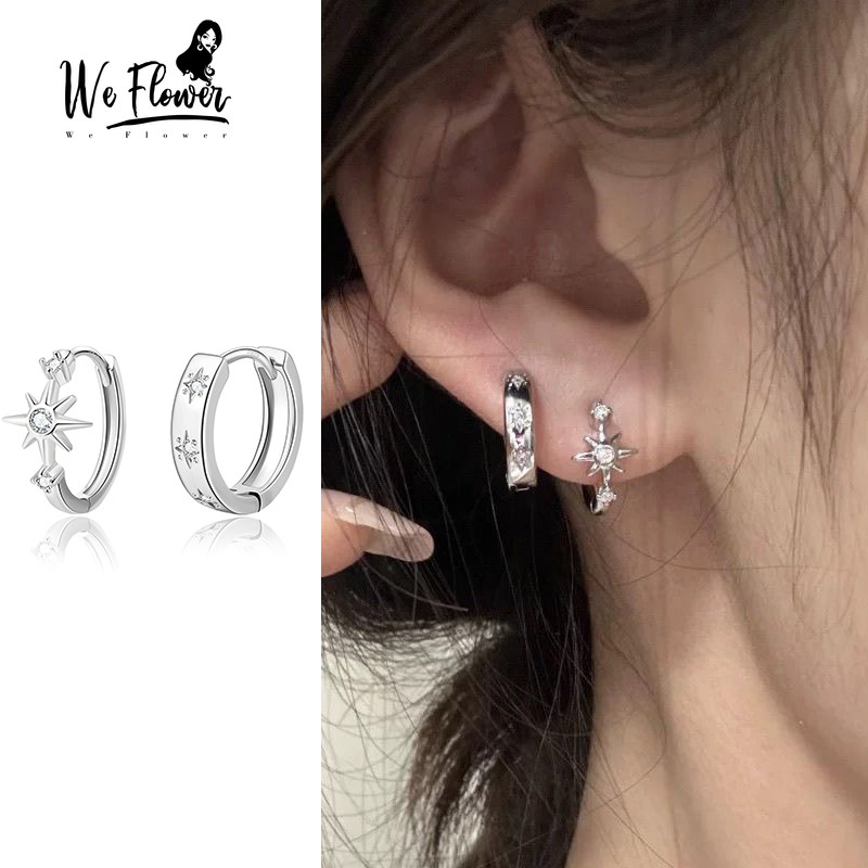 WeFlower Đôi vòng bông tai hình học ngôi sao tròn, bạc s925 và pha lê, phụ kiện thanh lịch cho nữ