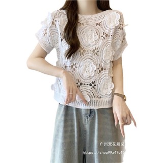 Áo len nữ cổ tròn họa tiết hoa 3D, kiểu slim-fit phù hợp mùa hè