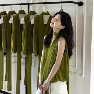 Áo sơ mi cổ chữ V không tay màu xanh lá, thiết kế ribbon phong cách Pháp, phù hợp mùa hè