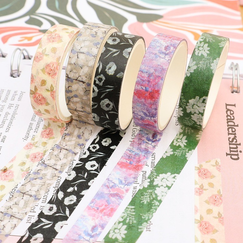 [H & L] Băng giấy lãng mạn 5 cuộn| Nhãn dán giấy hoa có thể tháo rời để lưu niệm, nhật ký|Văn phòng phẩm trường học|Dụng cụ DIY sổ tay